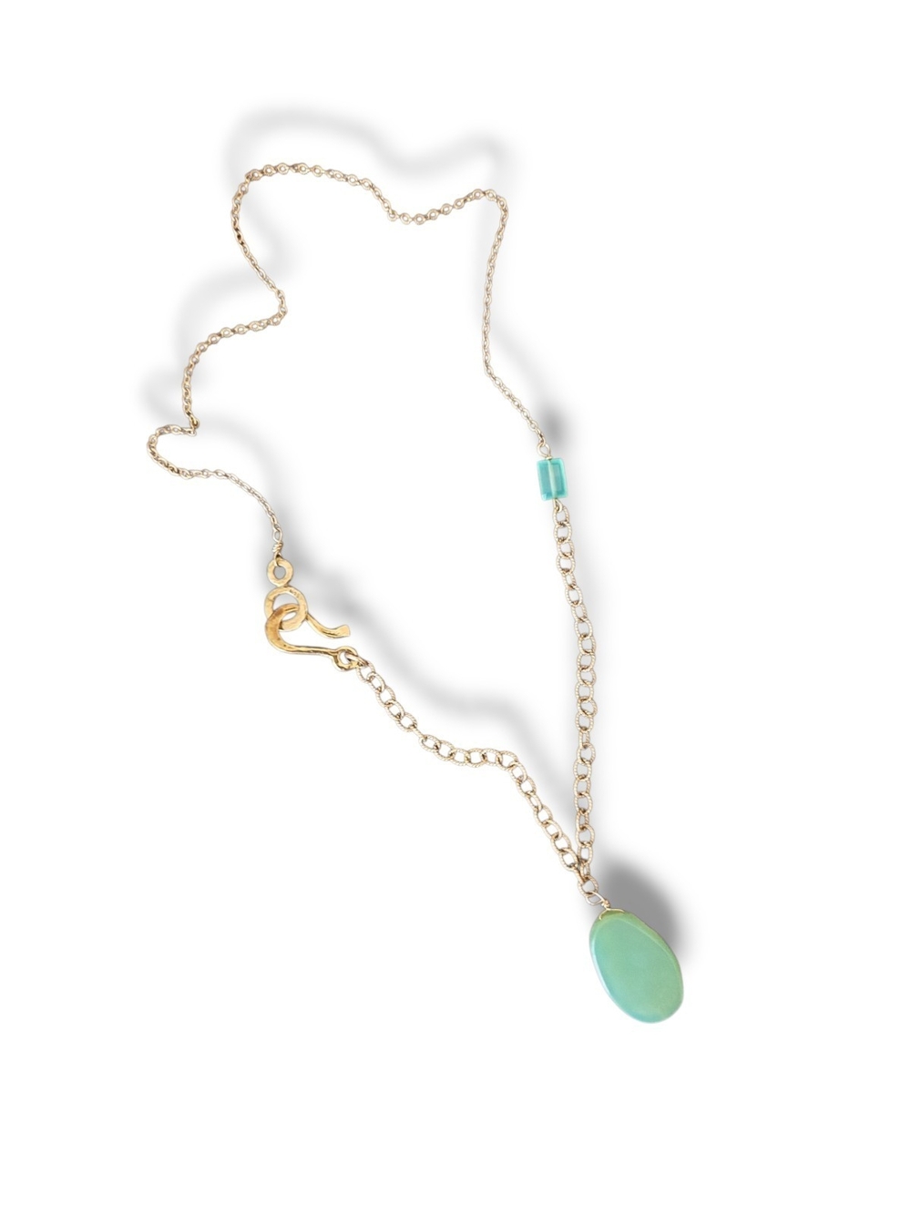 Helen Wang Artisan Gold Tone Necklace w Mint Green Oval Reversible Stone Pendant
